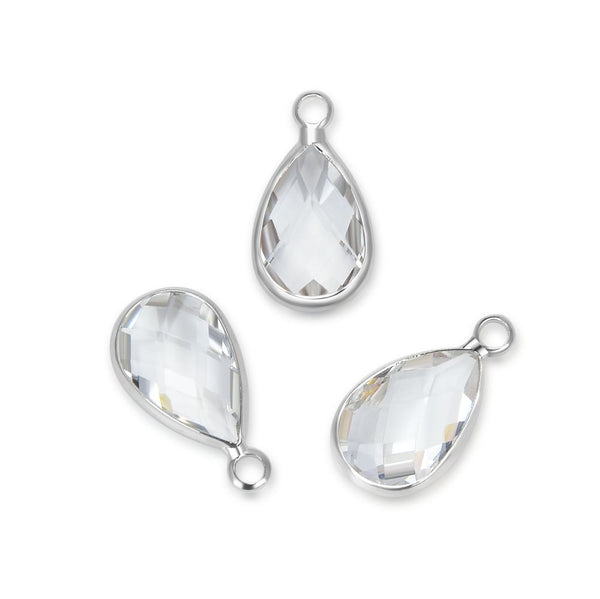 10pcs Grade A April Crystal Clear Teardrop Birthstone Charm Drop, Sterling Silver Plated Brass, Size Selections: 11x7mm, 14x8mm, 16x9mm