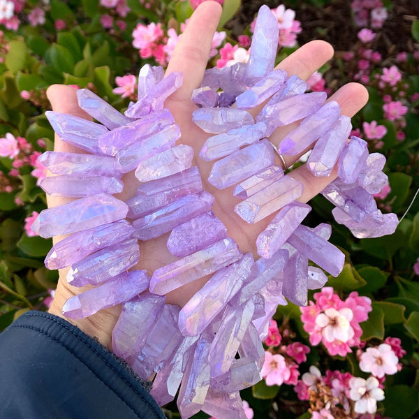 1 Strand Natural Raw Crystal Quartz Gemstone Beads, Large Drilled Stone Points, Violet Tanzanite AB Titanium Coated Gem Stick, 15 Inch, GA-E9