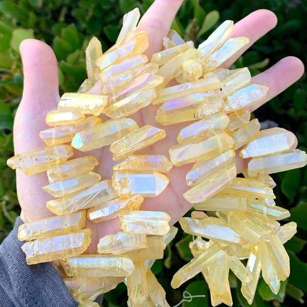 1 Strand Natural Raw Crystal Quartz Gemstone Beads, Medium Size Drilled Stone Points, Topaz Yellow AB Titanium Coated Gem Stick, 15 Inch, GA-D11