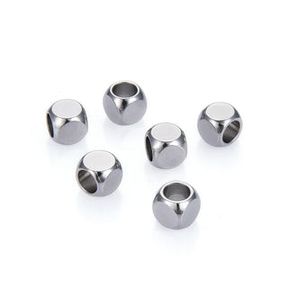 50pcs 6mm Smooth Cube Spacer Beads – 304 Stainless Steel, 3.8mm Large Hole, Loose (2.5mm/3.8mm)