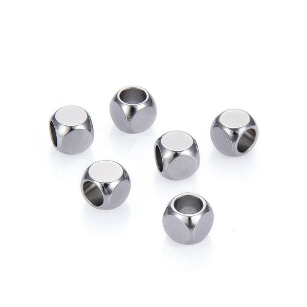 50pcs 6mm Smooth Cube Spacer Beads – 304 Stainless Steel, 3.8mm Large Hole, Loose (2.5mm/3.8mm)