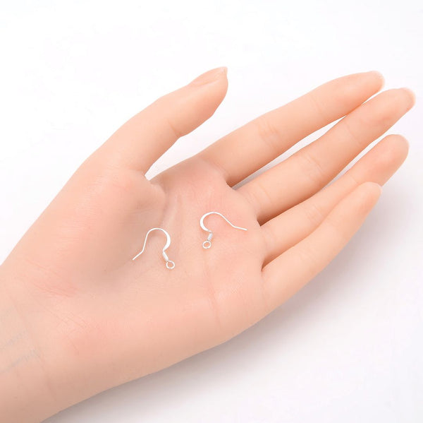 100pcs Flat Fish Earring Hooks Ear Wire, Sterling Silver Plated Brass, 0.7mm/21 Gauge, 18mm Long CF21-1