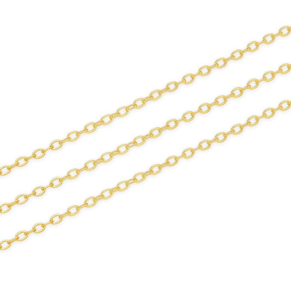16.5 Feet Tarnish Resistant Diamond Cut Flat Cable Chain Link, 18K Yellow Gold Plated Brass, Size Selections: 1.3mm/1.5mm/2.5mm