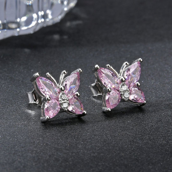 1 Pair 925 Sterling Silver October Birthstone Butterfly Stud Earrings, 10mm, Cubic Zirconia CZ Pink Tourmaline Stone, SSE83-10