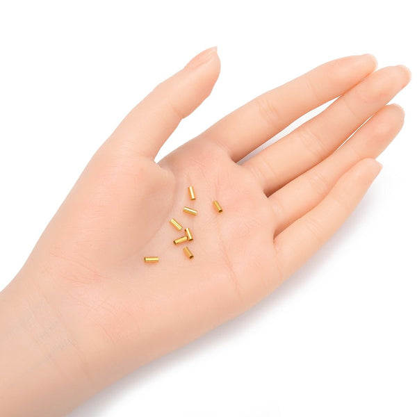 50pcs 925 Sterling Silver Crimp Tubes, Real 18K Yellow Gold Plated, Hole ID 1.5mm, Size Selections: 4x2mm, 5x2mm