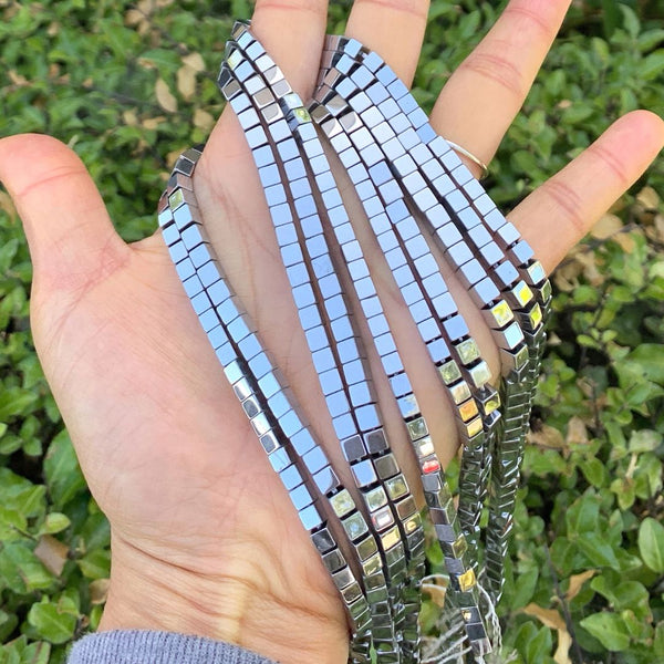 Grade A Natural Hematite Gemstone Cube Beads, White Gold Plated, 2 strands/190pcs Beads, 4mm/Small Tiny, Hole ID 1mm, GFC-K5