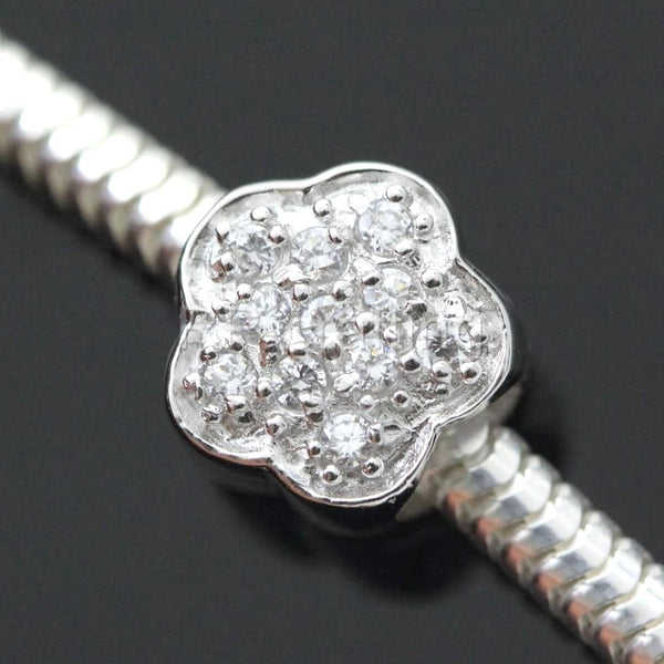 1pc Real 925 Sterling Silver Sparkle Flower Cubic Zirconia Bead Charm, Compatible with Pandora All Other Charm Bracelet, EC6-B1