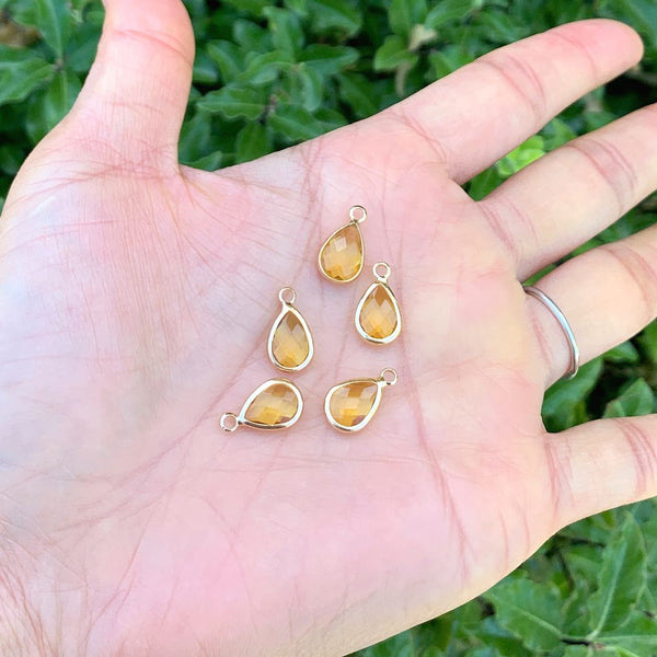 10pcs Grade A November Topaz Yellow Teardrop Birthstone Charm Drop, 18K Yellow Gold Plated Brass, Size Selections: 11x7mm, 14x8mm, 16x9mm