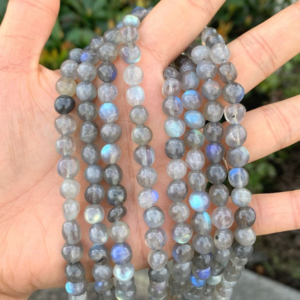 Natural Grade A Blue Flash Labradorite Gemstone Oval Tumbled Pebble Beads, Irregular, 6mm to 9mm, Hole ID 1mm, 15 Inch/1 Strand, GZ12-17