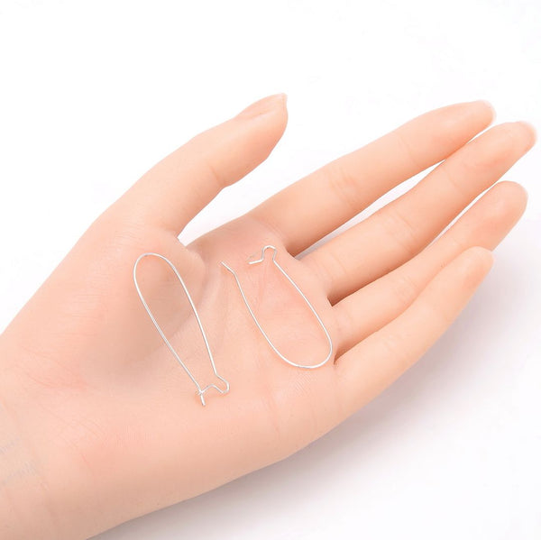 100pcs Earring Hooks Kidney Ear Wire, Sterling Silver Plated Brass, Size Selections: 18mm/25mm/30mm/36mm/43mm/47mm