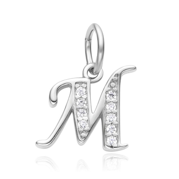 1pc 925 Sterling Silver Letter M Charm, Tarnish Resistant Rhodium Plated, Cubic Zirconia CZ Name Initial Pendant Drop,SSP-C13