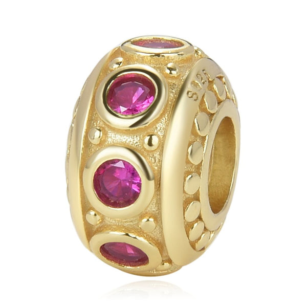 1pc Real Gold Plated 925 Sterling Silver July Birthstone Bead Charm, Red Ruby Cubic Zirconia CZ, 11x6.8mm, Hole ID 4.5mm, EC1-B7