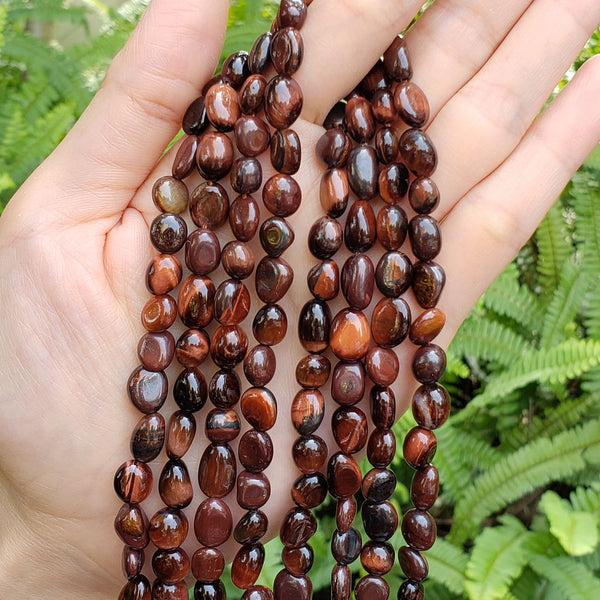 Natural Red Tiger Eye Gemstone Oval Tumbled Pebble Beads, Irregular, 6mm to 8mm, Hole ID 1mm, 15 Inch/1 Strand, GZ11-59