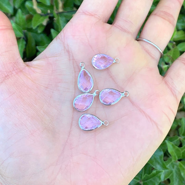 10pcs Grade A October Pink Teardrop Birthstone Charm Drop, Sterling Silver Plated Brass, Size Selections: 11x7mm, 14x8mm, 16x9mm