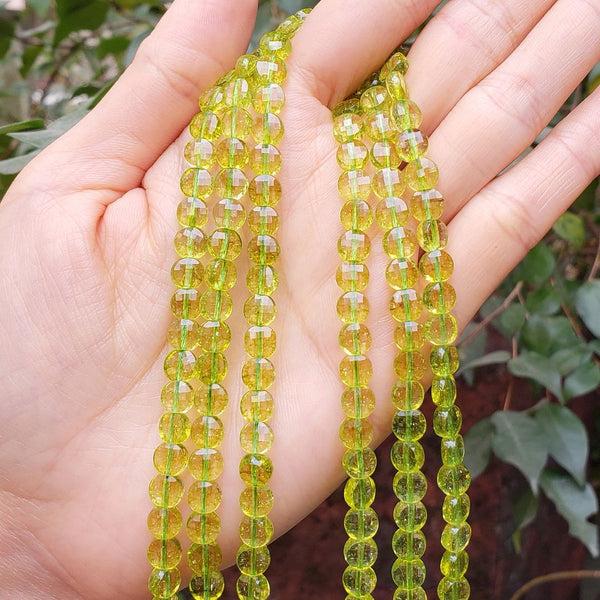 Natural Green Crystal (Imitation Green Peridot) Gemstone Faceted Flat Round Coin Beads, 6mm, Hole ID 1mm, 15 Inch/1 Strand, GZ13-2