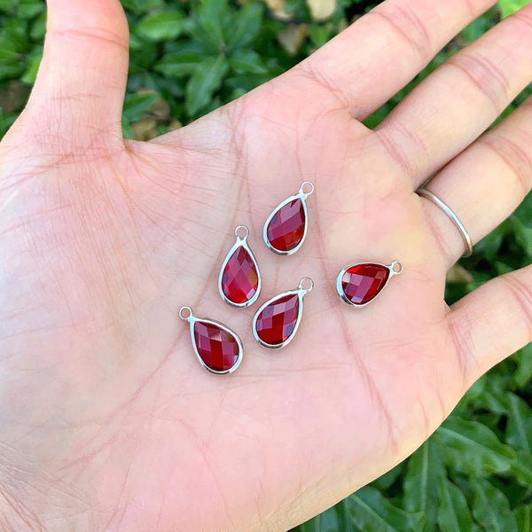 10pcs Grade A January Red Teardrop Birthstone Charm Drop, Sterling Silver Plated Brass, Size Selections: 11x7mm, 14x8mm, 16x9mm