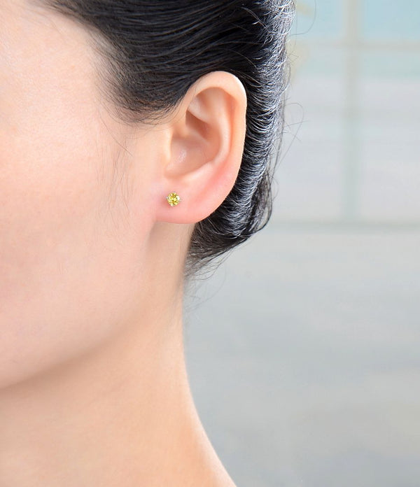 1 Pair 925 Sterling Silver November Birthstone Round Cut Stud Earrings, 4mm/0.25 Carat Small Tiny Cubic Zirconia CZ Yellow Topaz Stone, SSE78-11