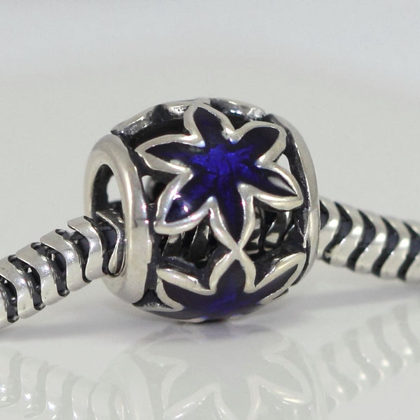 1pc Solid 925 Sterling Silver Sapphire Blue Star Flower Charm Bead, Compatible with Pandora All Other Charm Bracelet, EC 472