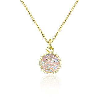 1pc Natural Druzy Crystal Pendant Necklace, Clear AB Round Disc Drop Small Tiny Gemstone Pendant, 18 inch Gold Plated Stainless Steel Chain, GGP22-5