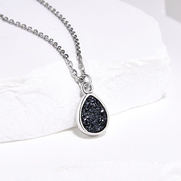 1pc Natural Druzy Crystal Pendant Necklace, Hematite Black Teardrop Small Tiny Gemstone Pendant, 18 inch Stainless Steel Surgical Chain, GGP25-4