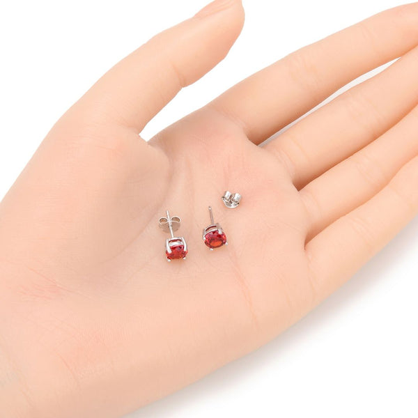 1 Pair 925 Sterling Silver January Red Birthstone Round Cut Stud Earrings, 6mm/0.84 Carat Cubic Zirconia CZ Created Garnet Stone, SSE48-1