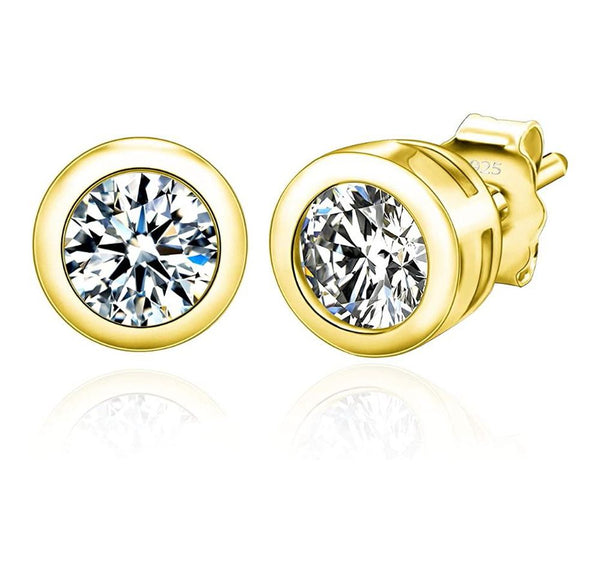 1 pair 18K Yellow Gold Plated Sterling Silver 4mm Bezel Stud Earrings, Round Cut Cubic Zirconia CZ Diamond, Small Tiny, SSE77-4