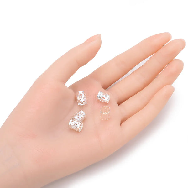 100pcs Large Hole Filigree Tube Beads, Sterling Silver Plated Brass, 9x8mm, Hole ID 7.5mm, CF215-S