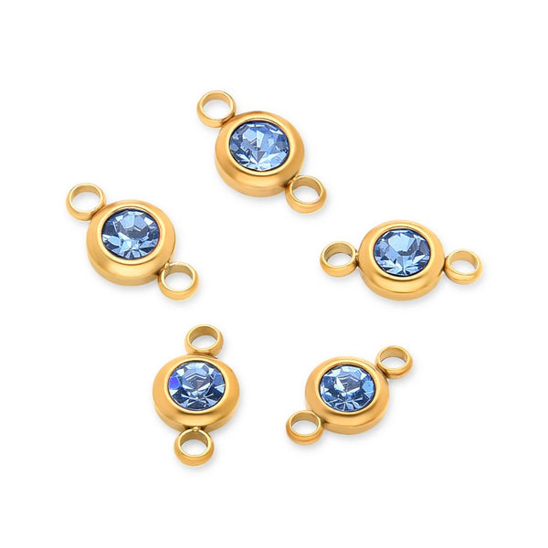 10pcs Grade A March Aquamarine Blue Birthstone Links, 18K Yellow Gold Plated Stainless Steel, Tarnish Resistant, 6mm, CCP35-3
