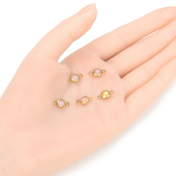 10pcs Grade A October Pink Opal Birthstone Links, 18K Yellow Gold Plated Stainless Steel, Tarnish Resistant, 6mm, CCP35-10