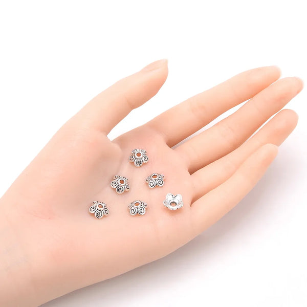 200pcs 5-Petal Flower Bead Caps, 10mm Bead End Caps, Antique Silver, MC-AB10