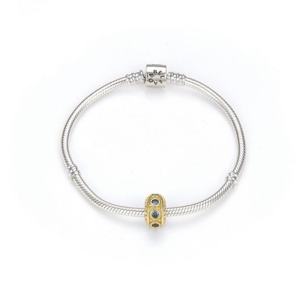 1pc Real Gold Plated 925 Sterling Silver March Birthstone Bead Charm, Blue Aquarmarine Cubic Zirconia CZ, 11x6.8mm, Hole ID 4.5mm, EC1-B3