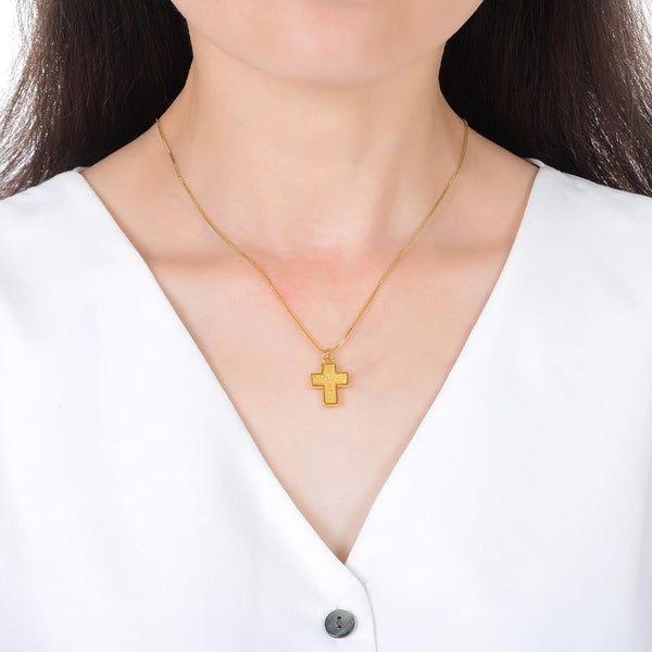 1pc Natural Druzy Crystal Pendant Necklace, Golden Champagne Cross Small Gemstone Pendant, 18 inch Gold Plated Stainless Steel Chain, GGP20-2