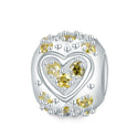 1pc 925 Sterling Silver Round Heart Pattern November Birthstone Bead Charm, Yellow Topaz Cubic Zirconia CZ, 11x9mm, Hole ID 4.5mm, EC1-H11