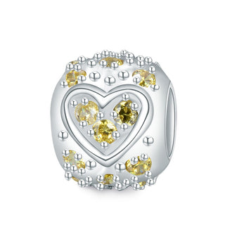 1pc 925 Sterling Silver Round Heart Pattern November Birthstone Bead Charm, Yellow Topaz Cubic Zirconia CZ, 11x9mm, Hole ID 4.5mm, EC1-H11