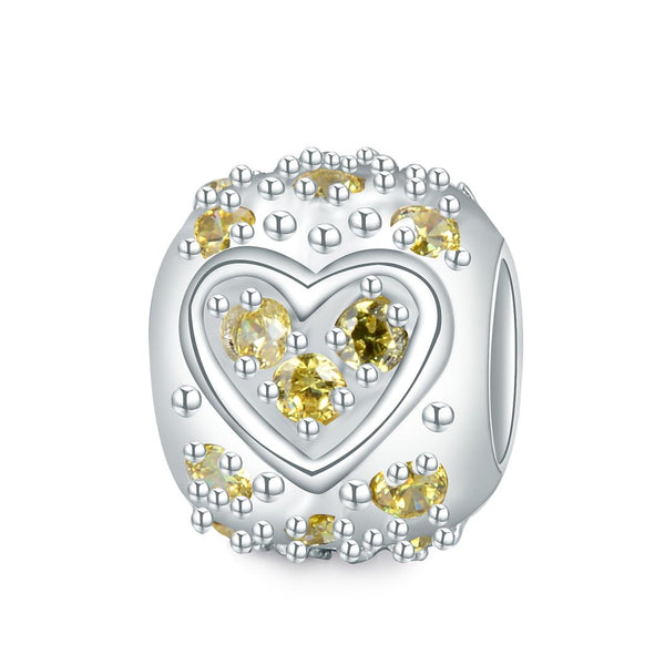 1pc 925 Sterling Silver Round Heart Pattern November Birthstone Bead Charm, Yellow Topaz Cubic Zirconia CZ, 11x9mm, Hole ID 4.5mm, EC1-H11