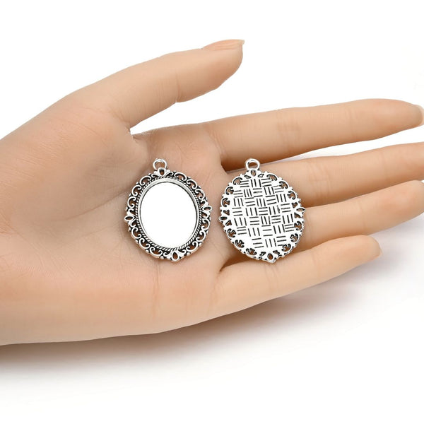 20pcs Large Sturdy Oval Bezels, Pendant Base, Antique Silver, Designed for 25x18mm Cabochon Resin Cameo Photo, MC-G3