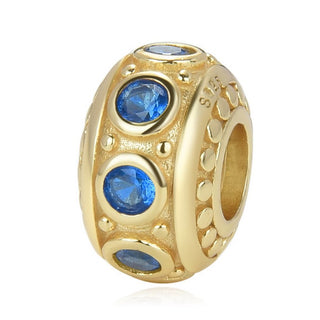 1pc Real Gold Plated 925 Sterling Silver September Birthstone Bead Charm, Blue Sapphire Cubic Zirconia CZ, 11x6.8mm, Hole ID 4.5mm, EC1-B9