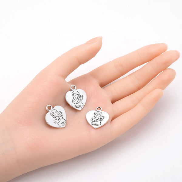 20pcs Angel Religious Heart Charms, 23.7mm Double Sided Heart Drop Pendants, Antique Silver, MC-D6