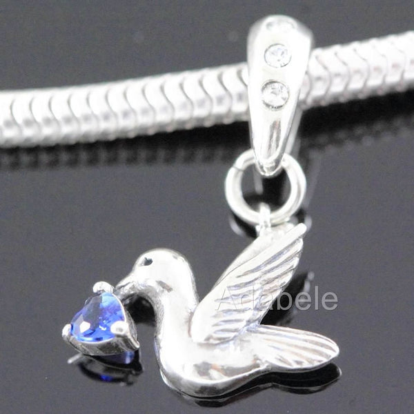 1pc 925 Sterling Silver Bird Charm, Freedom Lover September Birthstone Charm Drop, Blue Sapphire Cubic Zirconia CZ, 20mm Long, Hole ID 4.5mm, EC1-D9