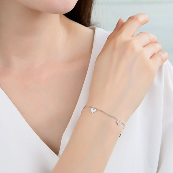 1pc 925 Sterling Silver Cable Chain Bracelet, with 6mm Heart Charm Drops, Tarnish Resistant White Gold Plated, Length Selections: 7 inch/7.5 inch/8 inch