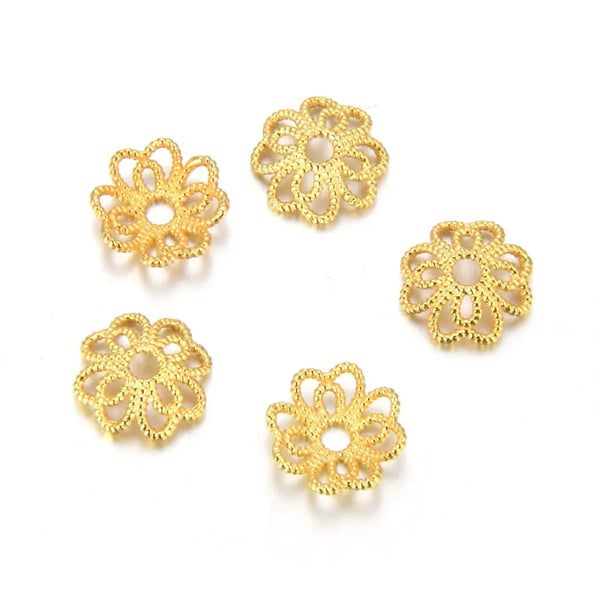 20pcs 925 Sterling Silver Textured Flower Round Bead End Caps, Real 18K Yellow Gold Plated, 7.3mm, Hole ID 1mm, SS232-2