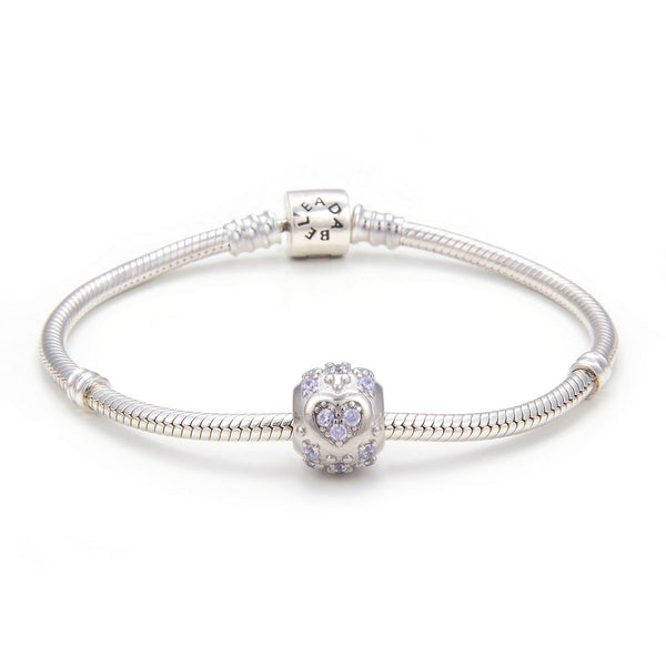 1pc 925 Sterling Silver Round Heart Pattern June Birthstone Bead Charm, Light Purple Alexandrite Cubic Zirconia CZ, 11x9mm, Hole ID 4.5mm, EC1-H6