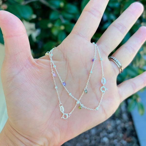 1pc 925 Sterling Silver 2.5mm Bead Station Cable Chain Bracelet with CZ Gemstone Drops, Length Selections: 7 inch/7.5 inch