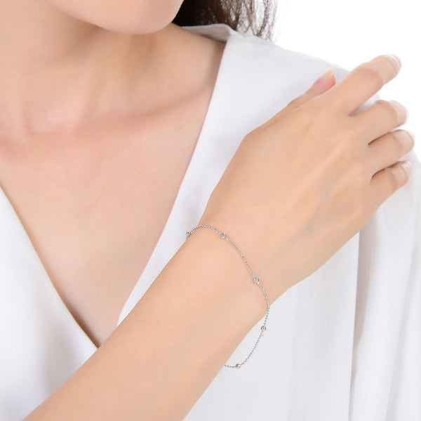 1pc 925 Sterling Silver Bead Station Beaded Chain Bracelet, 1mm & 2.5mm Small Tiny Beads, Tarnish Resistant White Gold Plated, Length Selections: 7 inch/7.5 inch/8 inch