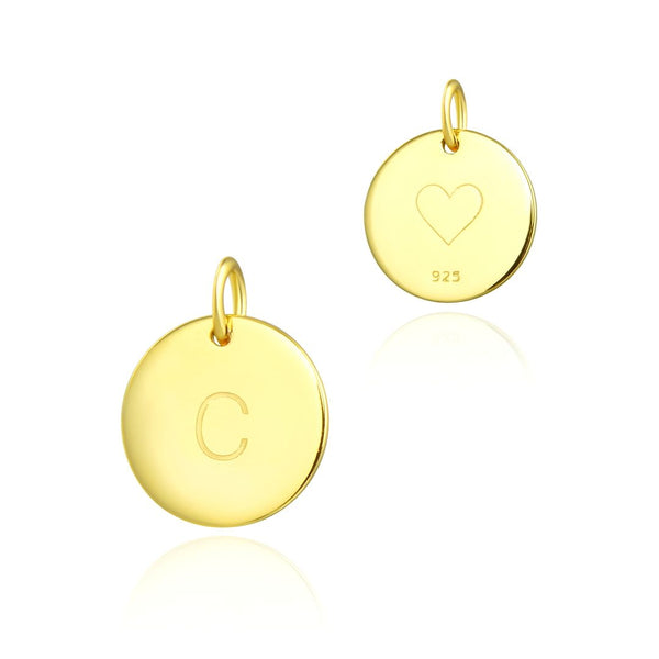 1pc 925 Sterling Silver 12mm Letter C Charm, Real 18K Yellow Gold Plated, Heart Engraved, Name Initial Disc Coin Pendant Drop, SLP-G3