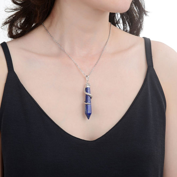 1pc Natural Blue Lapis Lazuli Hexagonal Pile Gemstone Pendant Necklace, 18 Inch Surgical Stainless Steel Chain, GGP-D2