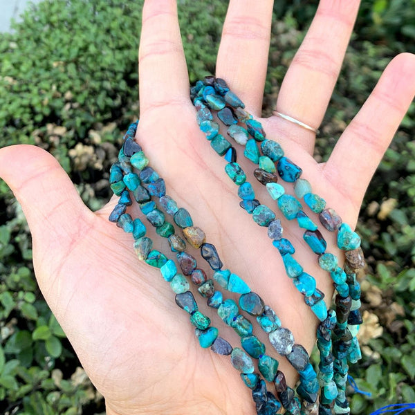 Natural Chrysocolla Turquoise Gemstone Oval Tumbled Pebble Beads, Irregular, 5mm to 8mm, Hole ID 1mm, 15 Inch/1 Strand, GZ11-52