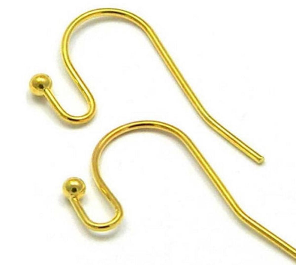 100pcs Ball End Fish Earring Hooks, 18K Yellow Gold Plated Brass, 0.75mm/21 Gauge, 20mm Long CF206-G