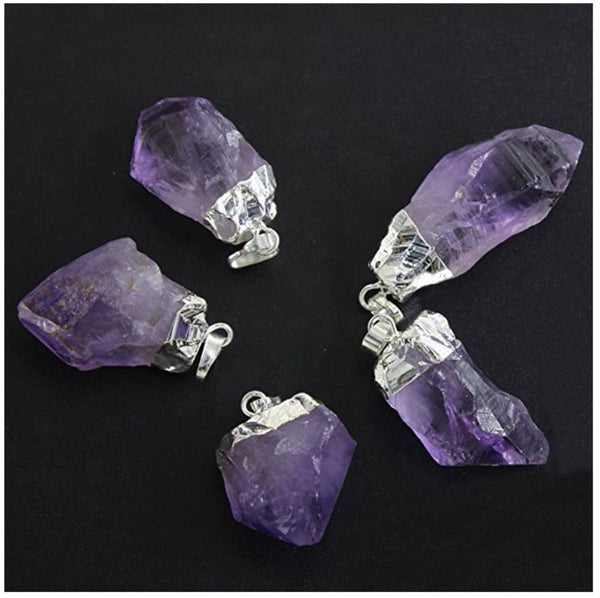 1pc Natural Raw Purple Amethyst Crystal Free Form Gemstone Pendant Necklace, 18 inch Surgical Stainless Steel Chain, GGP12-1