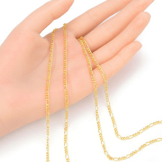 16.5 Feet Tarnish Resistant Diamond Cut Figaro Chain Link, 18K Yellow Gold Plated Brass, Size Selections: 2mm/2.5mm
